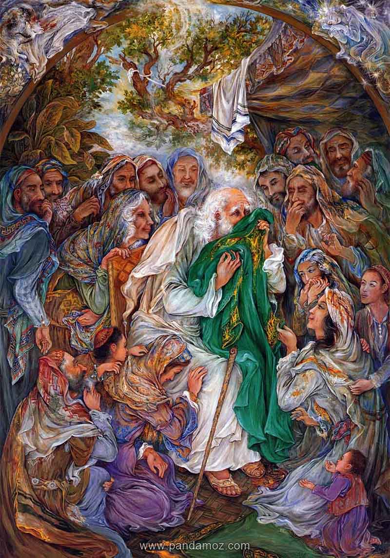 عکس تابلو نقاشی مینیاتور استاد فرشچیان از حضرت یعقوب پیامبر بنی اسرائیل که در تصویر پیراهن حضرت یوسف بر روی چشمان حضرت یعقوب انداخته شده و چشمانس شفا می یابد