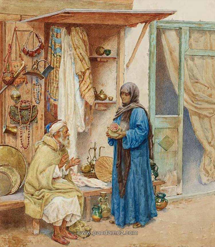 عکس تابلو نقاشی از یک زن و پیرمرد. در تصویر زن به حجره و مغازه مرد فروشنده کوزه های گلی مراجعه کرده و در دستش گلدان گلی یا کوزه ایی دارد. لباس بلند آبی بر تن زن است. مرد لباس و قبای گشاد قدیمی دارد