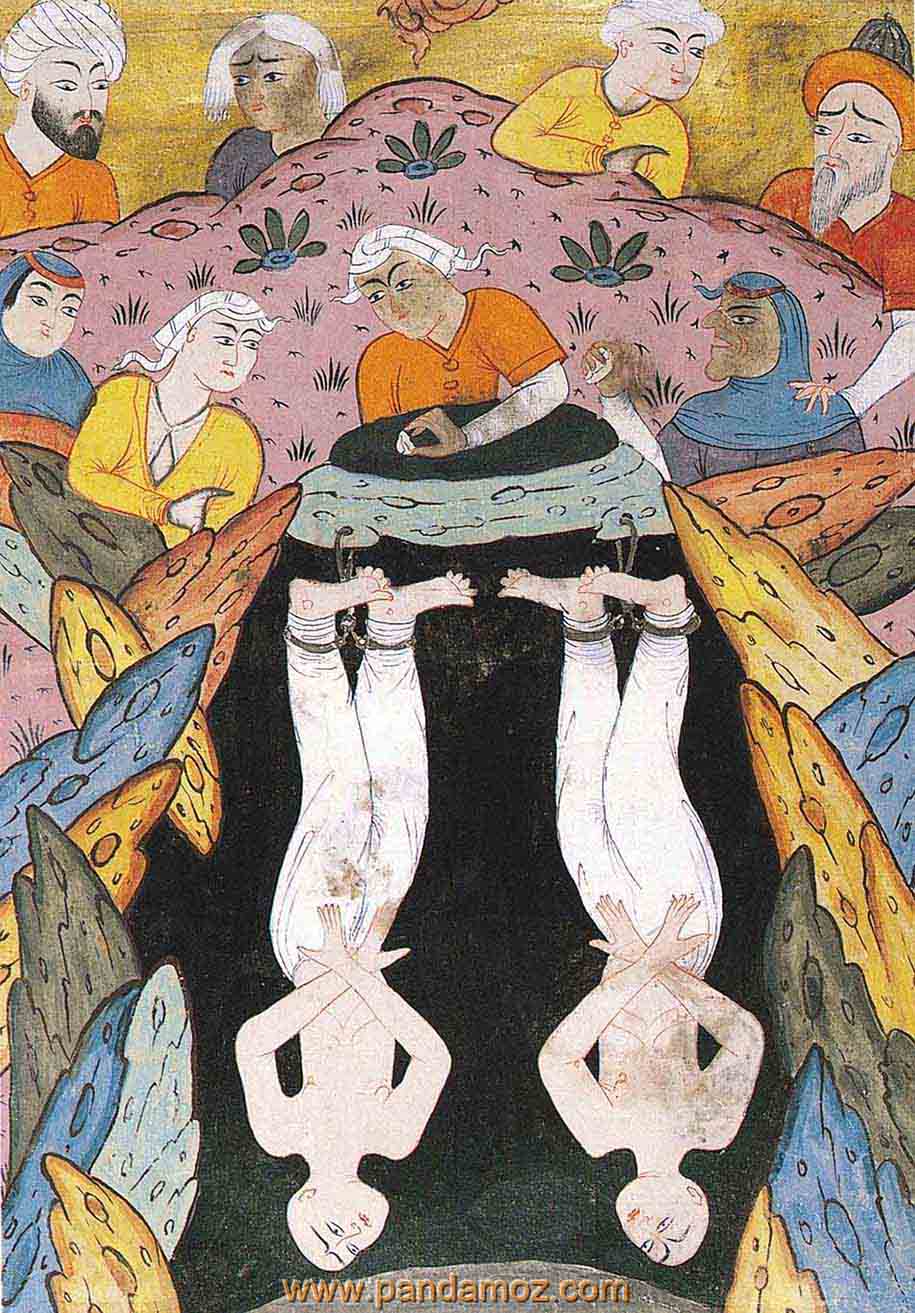 نقاشی عکس افسانه داستان هاروت و ماروت که برای آموزش سحر و جادگری به میان مردم آمدند و مرتکب گناه شدند و در چاهی آویزان هستند در تصویر دو فرشته در حال آویزان از پاها را درون چاه نشان می دهد