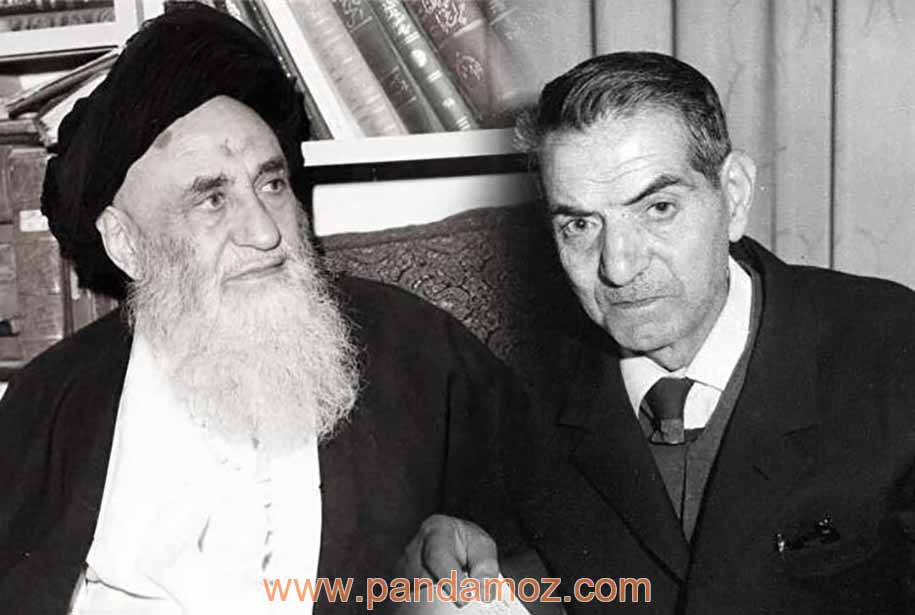 عکس تصویر آیت الله العظمی مرعشی نجفی و شهریار شاعر که در کنار هم مونتاژ شده. عکس به صورت سیاه و سفید است