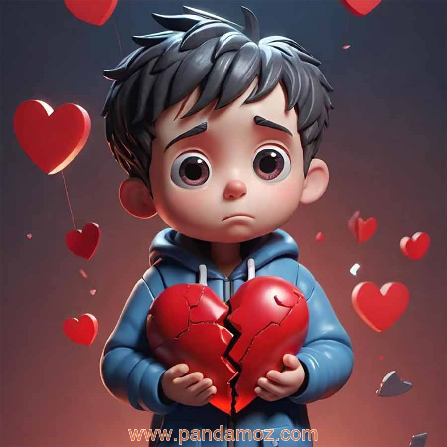 عکس نقاشی کارتونی پسربچه ایی که عاشق شده و قلب شکسته قرمز رنگی در دست دارد
