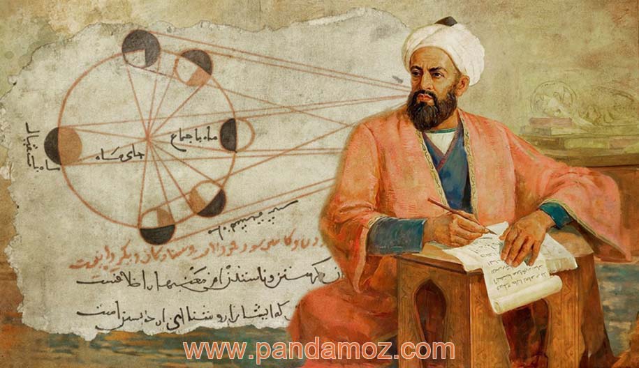 عکس نقاشی از ابوریحان بیرونی منجم ریاضیدان و دانشمند که در زمینه عکس حرکت ماه نقاشی شده و وقتی ماه در محاق است و دیده نمی شود در تصویر آمده است