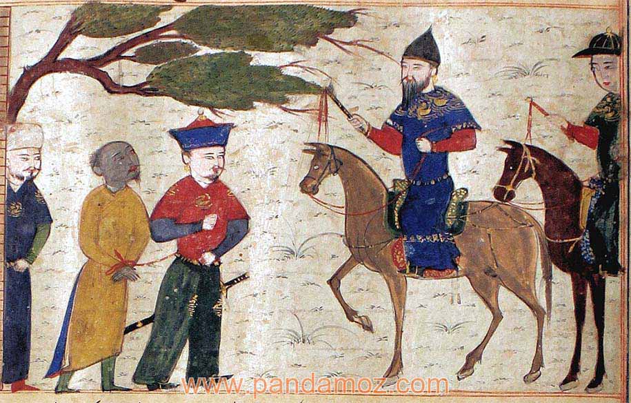 عکس نقاشی راجه هندی اسیر شده که نزد سلطان محمود غزنوی آورده شد، برگی از مجمع التواریخ. در تصویر سلطان محمود بر روی اسب نشسته و راجه هندی دست بسته در مقابل اوست