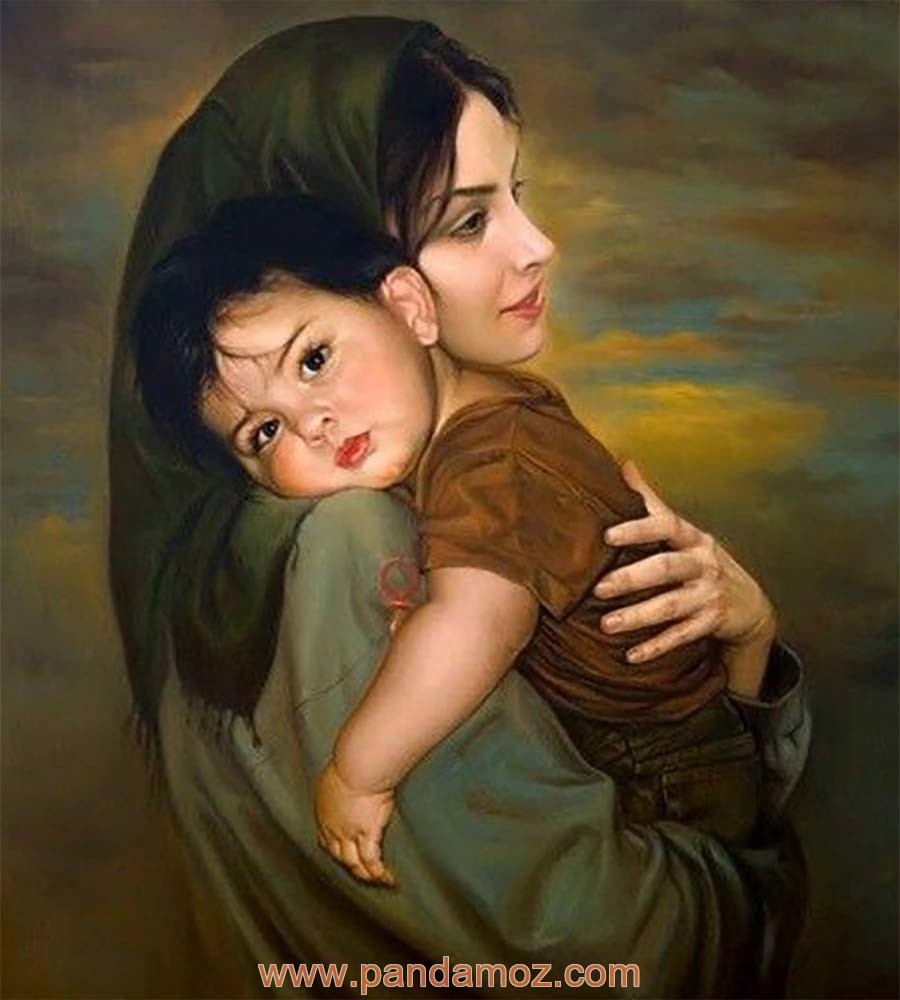 عکس نقاشی از یک مادر که بچه را بغل کرده است. تصویر نقاشی معروف از مادر