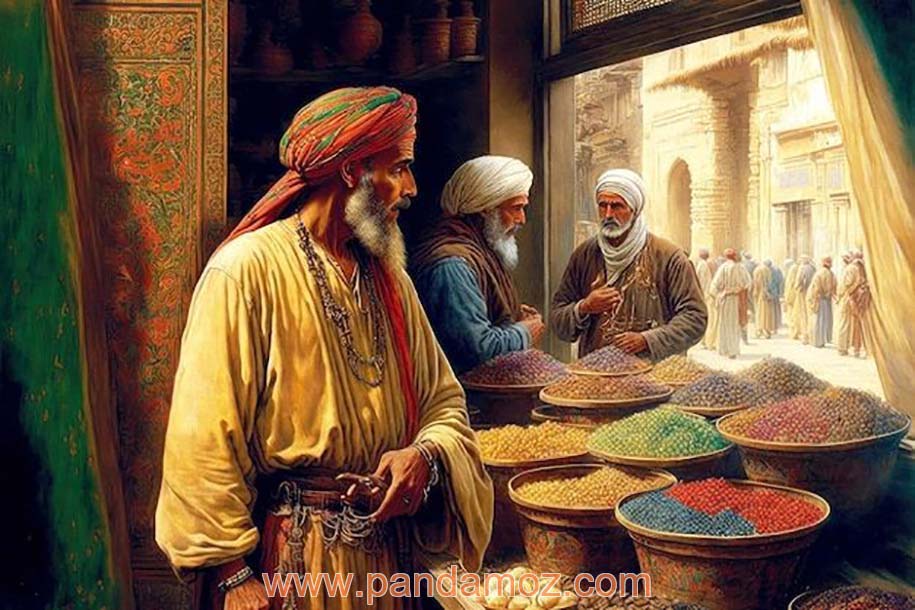 عکس نقاشی از یک مغازه عطاری در بازار سنتی قدیمی در زمانهای دور در ایران. در تصویر سه مرد با لباس های قدیمی دیده می شوند و بیرون از مغازه نیز  از دور مردم در حال رفت و آمد در بازار هستند.