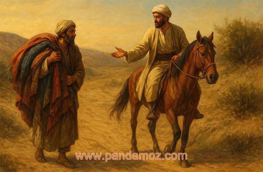 عکس نقاشی یک مرد پارچه فروش در بیابان و صحرا که مقداری پارچه بر دوش خود انداخته و پیاده است به همراه عکس یک مردی که سوار بر اسب در حال صحبت کردن با مرد پارچه فروش و بزاز است. در تصویر زمینه تپه ها و گیاهان به صورت خار نیز وجود دارد