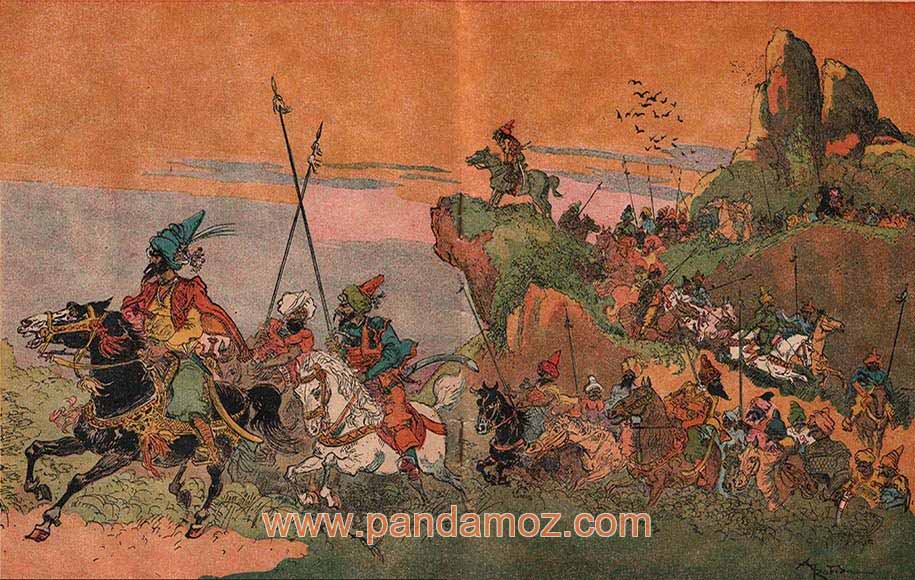 عکس تابلو نقاشی علی بابا و چهل دزد بغداد از کتاب داستانهای هزار و یکشب. در تصویر دسته و گروه دزدهای اسب سوار با شمشیر و نیزه در میان تپه ها در حال جولان هستند