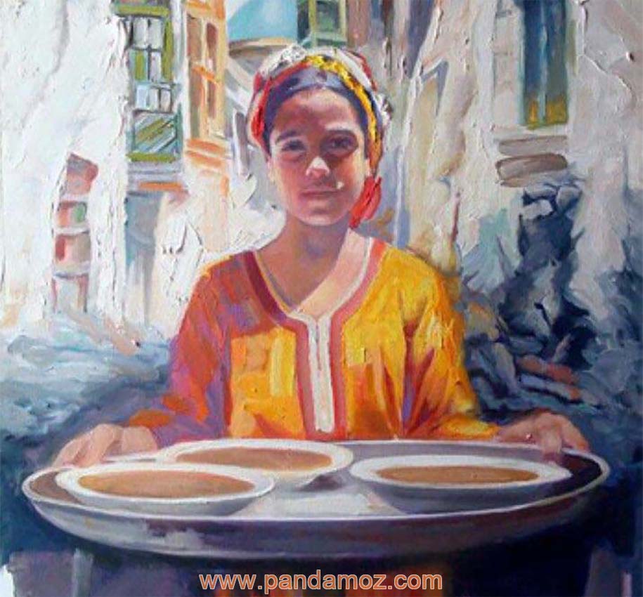 عکس نقاشی رنگی جالب از یک کودک حلوا فروش. تصویر یک کودک که دستار بر سر بسته و طبقی از حلوا در بشقاب ها در دست دارد و به نظر می رسد که در حال پخش و نذری دادن است