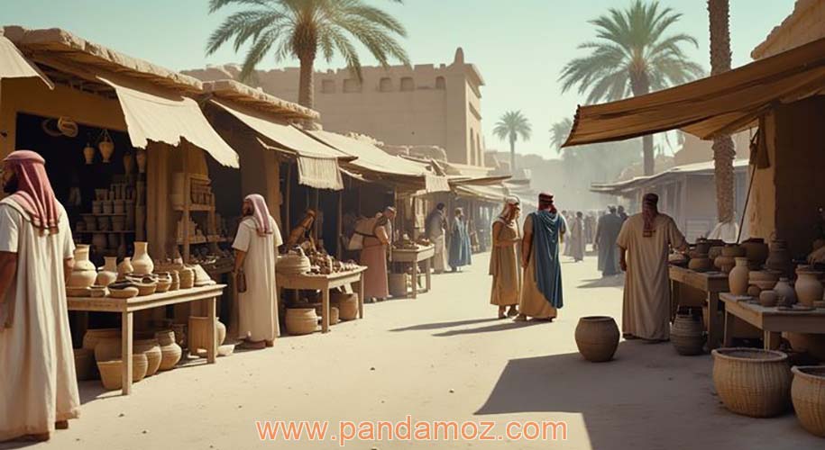 عکس نقاشی دیجیتال با هوش مصنوعی از بازار بغداد در زمان قدیم مربوط به داستان روی تازه و نان خشک. حکایتی از زهد  ابوعبد اللّه حارث بن اسد الحاسبی بصری. در تصویر درختان نخل و خرما و حجره ها و مغازه های بازار دیده می شوند