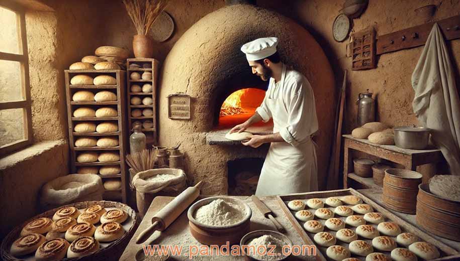 عکس نقاشی دیجیتال با هوش مصنوعی از نانوایی سنتی قدیمی نان تافتون. در تصویر یک نانوای جوان در حالی که روپوش سفید پوشیده و در داخل مغازه نانوایی در مقابل تنور ایستاده، در حال باز کردن خمیر و گذاشتن آن برای پختن نان در تنور قدیمی است. در مقابل او چونه های خم