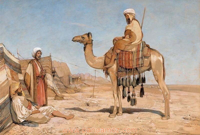 عکس نقاشی از یک مرد سوار بر شتر. در تصویر مرد دیگری در مقابل مرد شترسوار ایستاده و پشت سرش چادرهای کاروان قرار دارد. مردی نیز روی زمین نشسته و پاهایش را دراز کرده. مربوط به داستان توبه فضیل بن عیاض