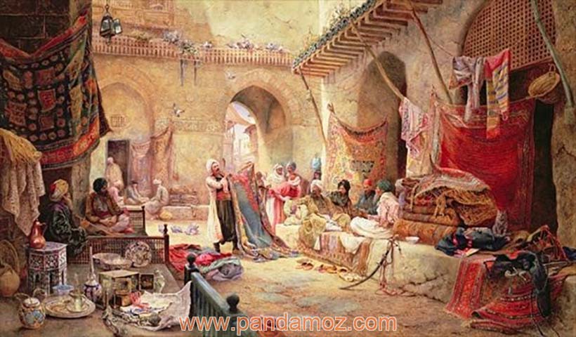 عکس تابلو نقاشی از بازار سنتی قدیمی مشرق زمین. در تصویر بازرگانان و تجار در داخل یا بیرون حجره ها و مغازه ها دیده می شوند برخی نشسته و برخی ایستاده و در حال معامله کردن هستند. عکس کاروانسرا یا چهارسوق است