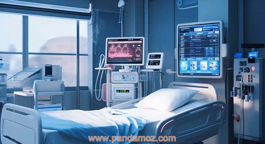 عکس یک اتاق ccu icu در یک بیمارستان مدرن. در تصویر تخت بیمار و دستگاه های مونیتورینگ و مراقبتی مریض دیده می شود. امکان کنترل از راه دور بدون تماس با بیمار