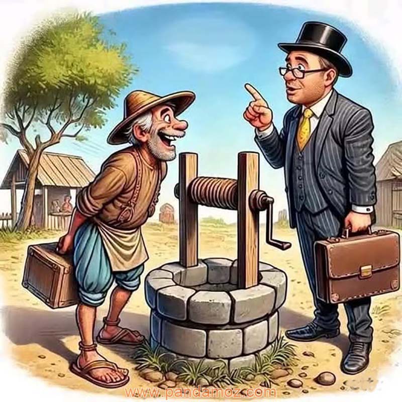 عکس نقاشی دیجیتال از یک معلم و یک وکیل کیف به دست که بالای سر چاه ایستاده اند. در تصویر چرخ دستی چاه آب که بر روی چاه سوار شده دیده می شود و روی آن طناب بسته شده. در پشت سر آنها خانه قدیمی و درخت دیده می شود