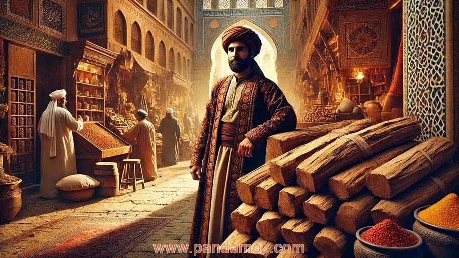عکس دیجیتال با نقاشی هوش مصنوعی که تاجری در کنار چوب های صندل ایستاده است. تصویر در یک بازار سرپوشیده سنتی قدیمی است. مربوط به داستان تاجر انطاکیه ایی و چوب های صندل و بازرگانان ونیزی است