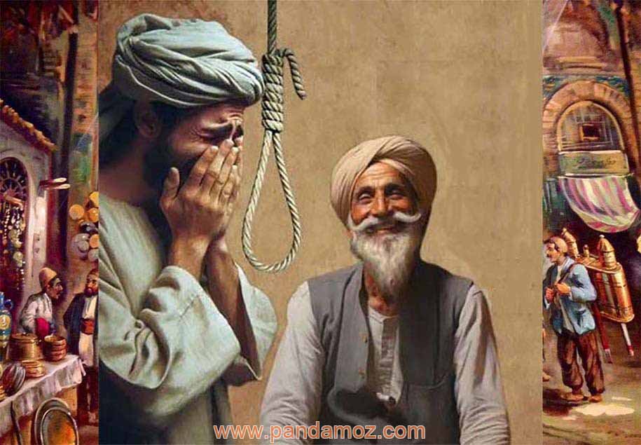 عکس نقاشی دیجیتال با هوش مصنوعی از یک تاجر در زمانهای قدیمی که روی صندلی نشسته و در حال خنده است و لبخند بر لب دارد. در کنار او پسر مرد بازرگان ایستاده و در حال گریه کردن است و طناب داری در کنارش آویزان است. در تصویر هم تاجر و هم پسرش دستار بر سر دارند و 