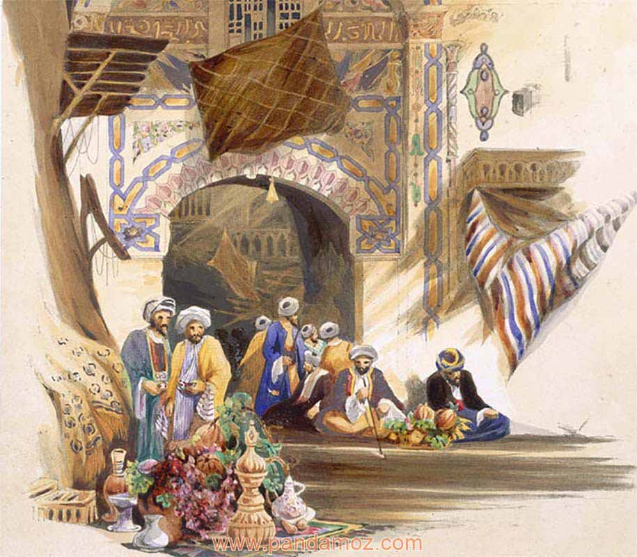 عکس تابلو نقاشی از یک بازار سنتی قدیمی در مشرق زمین. تصویر مربوط به داستان دانشمند و عالم بصره و بخشش ها و کارهای نیک بدون اخلاص است