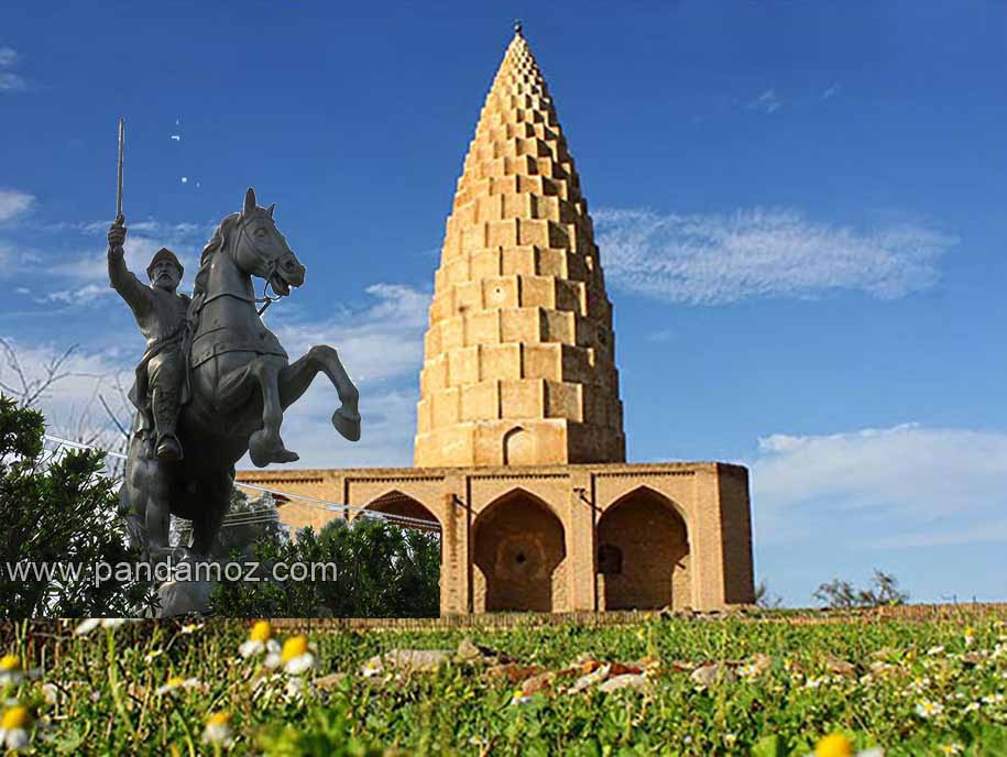 عکس مقبره یعقوب لیث صفاری اولین سردار و پادشاه ایرانی بعد از اعراب در روستای شاه آباد دزفول به همراه تصویر تندیس و مجسمه سوار بر اسب او در ورودی شهر زابل