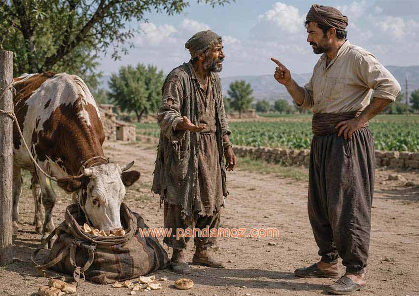 عکس یک مرد کشاورز و گدا و یک گاو که در حال خوردن نان مفت و رایگان از خورجین گداست. در تصویر مرد کشاورز در حال بحث و مجادله با گداست