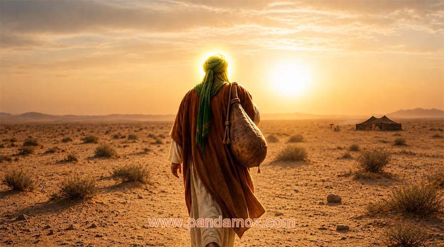 عکس پیامبر اسلام که در حال حمل مشک آب بر دوش مبارک خود است. در تصویر چادر سیاه و خیمه ایی از دور مشاهده می شود و ایشان در حال عبور از بیابان و از کنار بوته ها و خارهای صحرا است