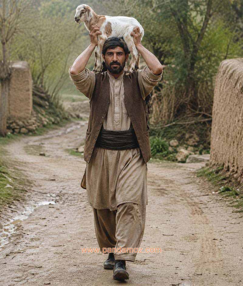 عکس یک کشاورز که در یک جاده روستایی به تنهایی، یک بزغاله بر بالای سرش گذاشته و در حال راه رفتن است. در تصویر راه روستایی و درختان سبز و خانه ایی گلی دیده می شود