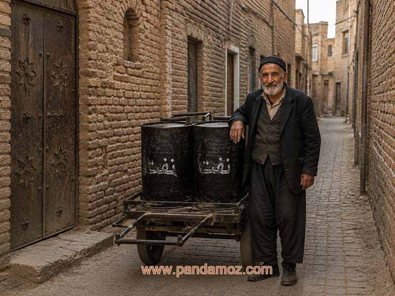 عکس کوچه قدیمی که پیرمردی نفت فروش؛ روی گاری دستی خودش؛ دو تا بشکه نفت گذاشته و در کنار آن ایستاده. در تصویر کوچه تنگ و باریک و خانه های قدیمی با درب آهنی و درهای چوبی دیده می شوند