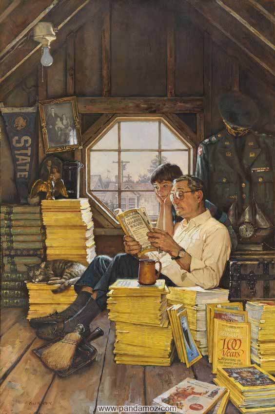 عکس نقاشی از پدر در حال خواندن مجلات و کتابهای قدیمی و پسر در کنار پدر با تعجب و خیره نگاه می کند و اطراف پر از کتاب و مجله است