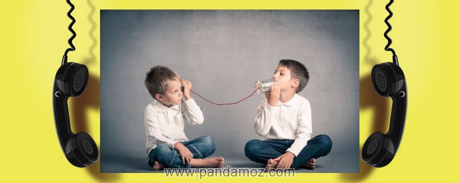 عکس فانتزی از دو بچه که با دو قوطی و نخ ارتباطی بین آنها باهم حرف می زنند